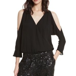 Joie Silk Cold Shoulder V Neck Surplice Bodysuit